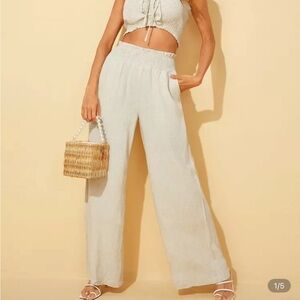 Set / top and bottom Cream Linen Wide-Leg Pants